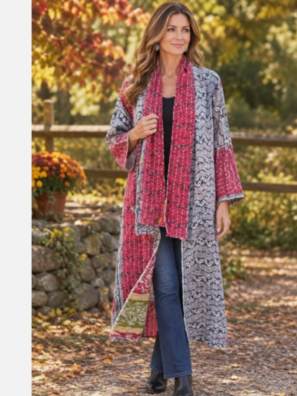 Women Handmade One Of A Kind Black Kantha Duster Open Front Kimono & Scarf!
